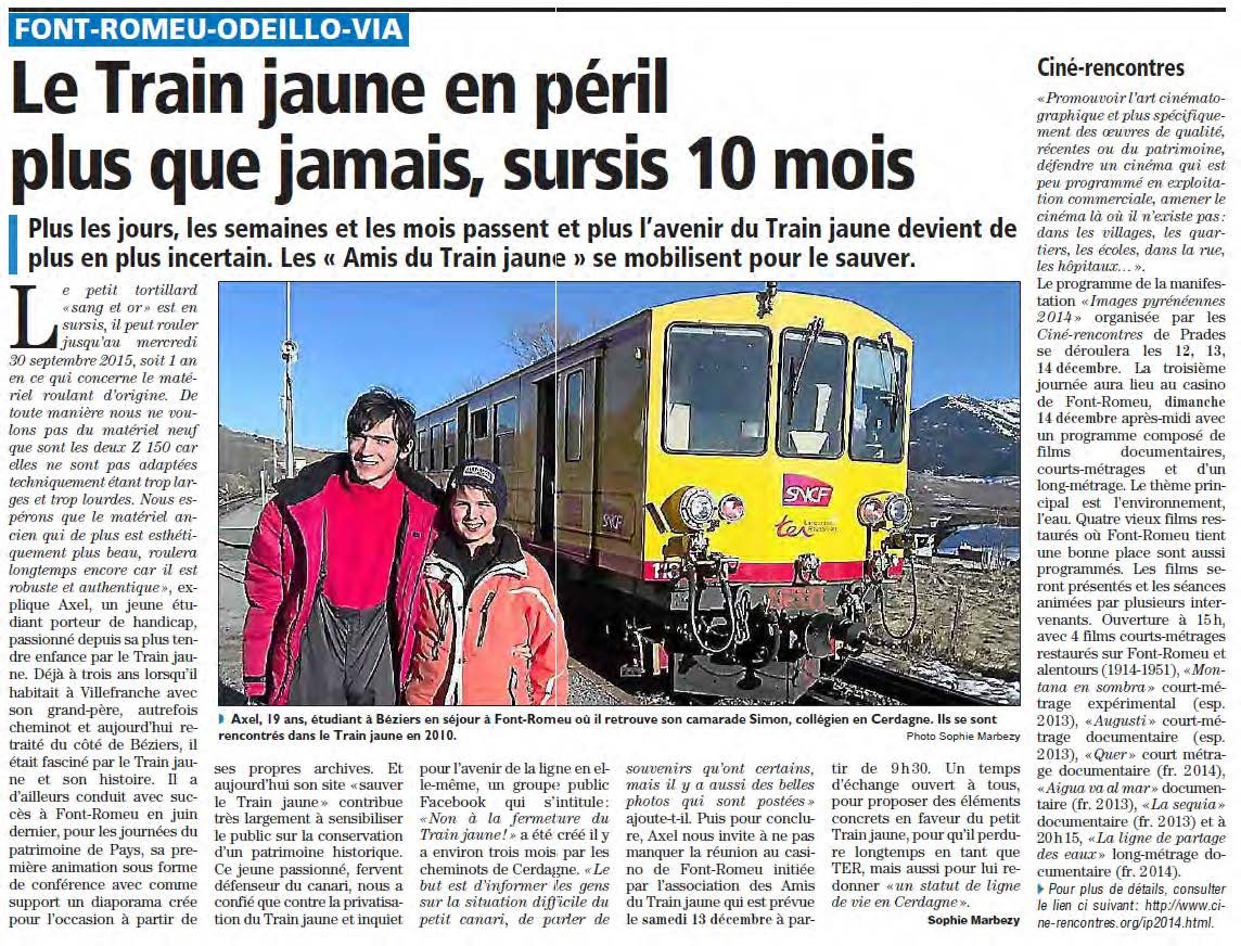 Article l independant mars 2014 axel peyric tortes et simon guasch devant le train jaune en peril